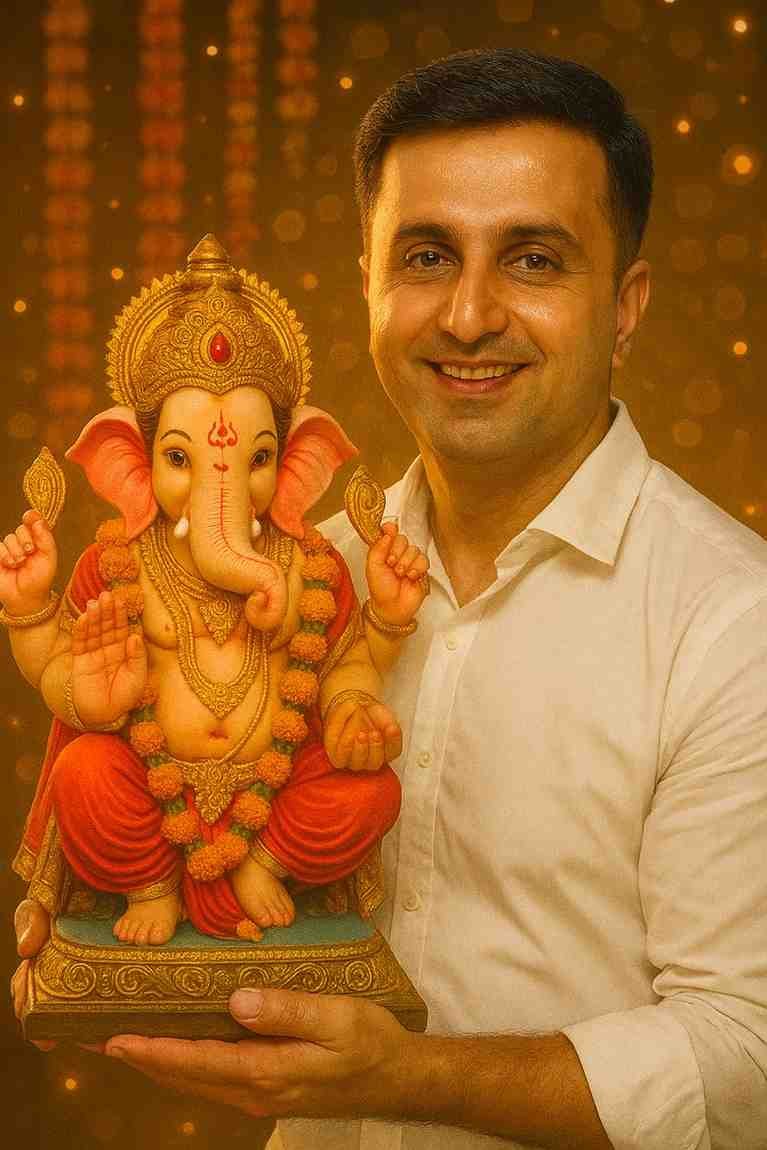 Ganesh Chaturthi_03 Ganesh Chaturthi AI Image Prompt – Ultra-realistic man holding Ganesha idol