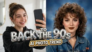 90s AI photo trend – modern selfie transformed into a 1996 yearbook portrait