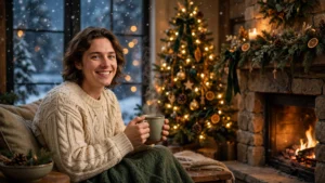 Christmas AI photo prompt – cozy fireplace family portrait